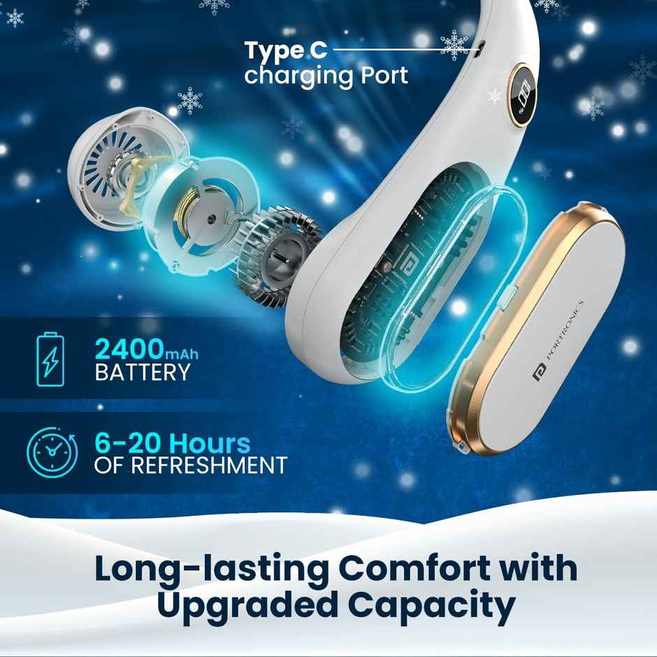 Portronics Gobreeze (POR 2048) Neck Fan,6 Hours Playtime,4 Speed Mode,Type C Fast Charging,White