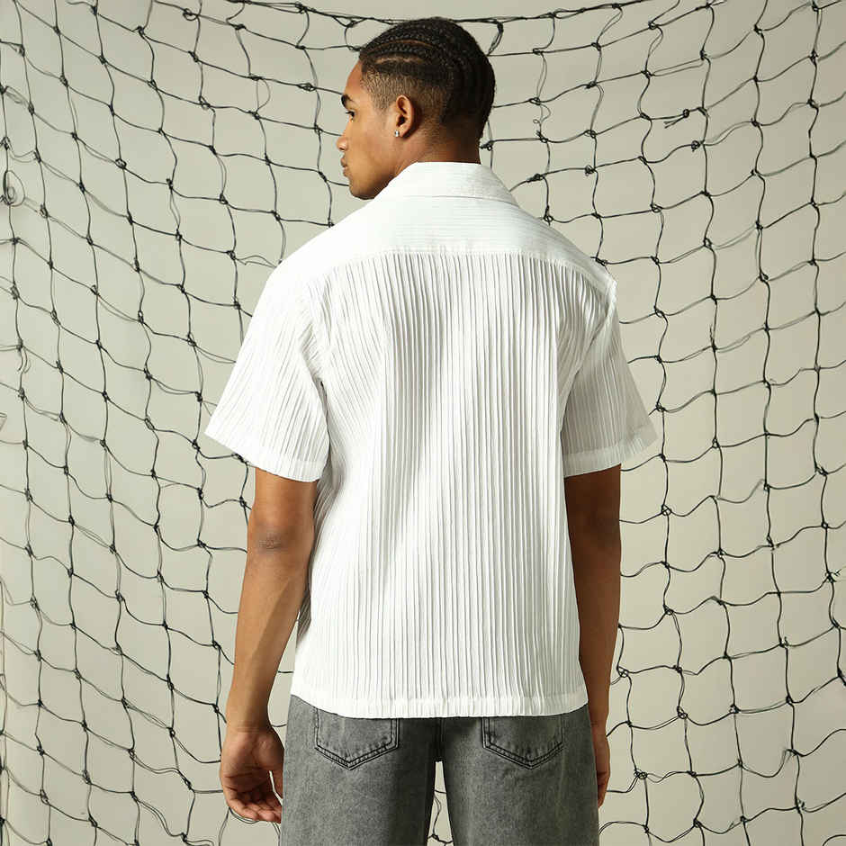 Hubberholme Men's Opaque Solid Cuban Collar Textured Fabric Oversized Casual Shirt | White - 40