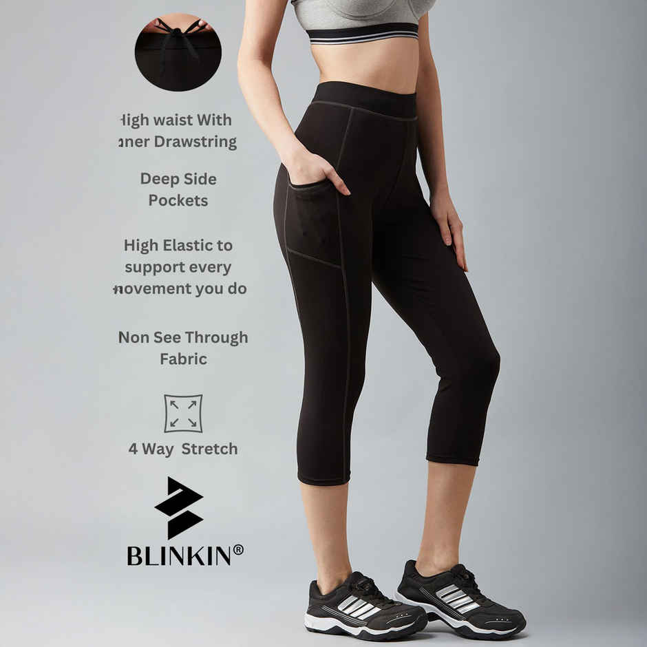 Blinkin Women's 3/4 Gym Tights - Black | Grey | With Side Pockets | Perfect For Yoga | XL