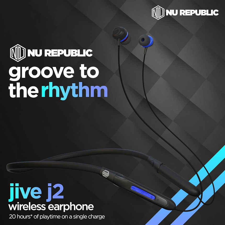 Nu Republic Jive J2 Bluetooth Neckband with Upto 20 hrs Playtime, X-Bass Technology, Calling Mic, Fast Charging & Pairing Earphones - Blue & Black