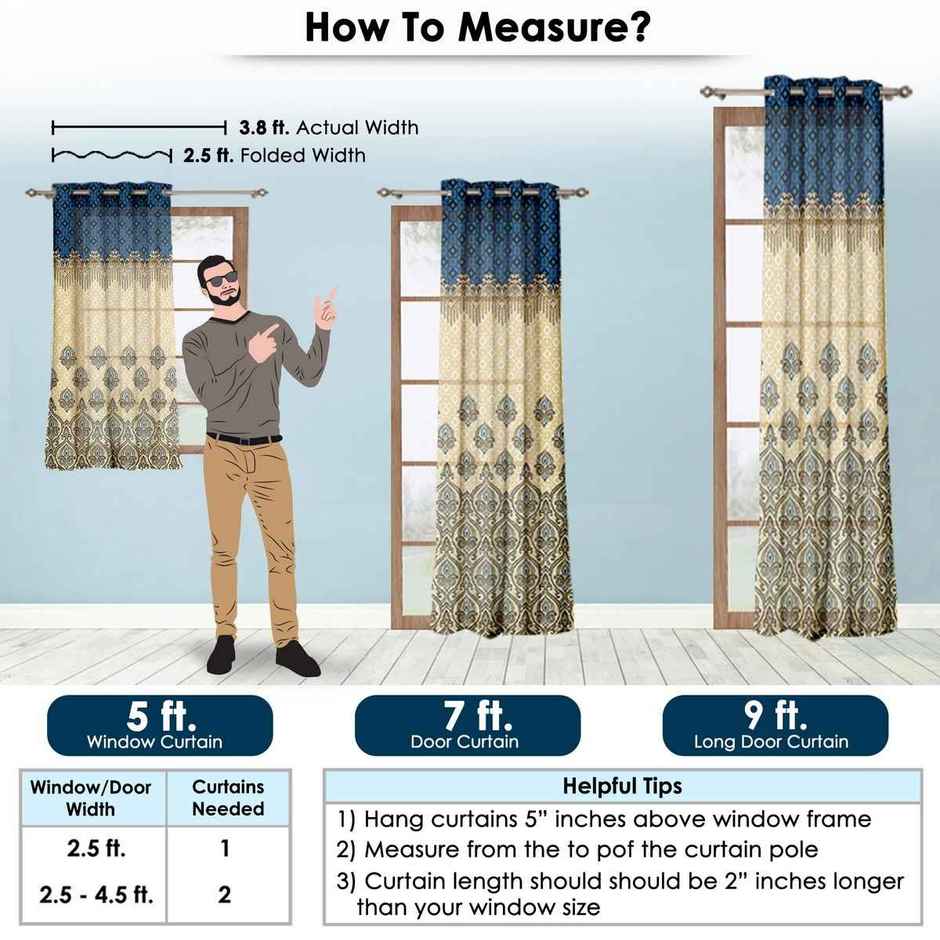 Story@Home 200 GSM Polyester Ethnic 2 Piece Door Curtain | Blue & Ivory