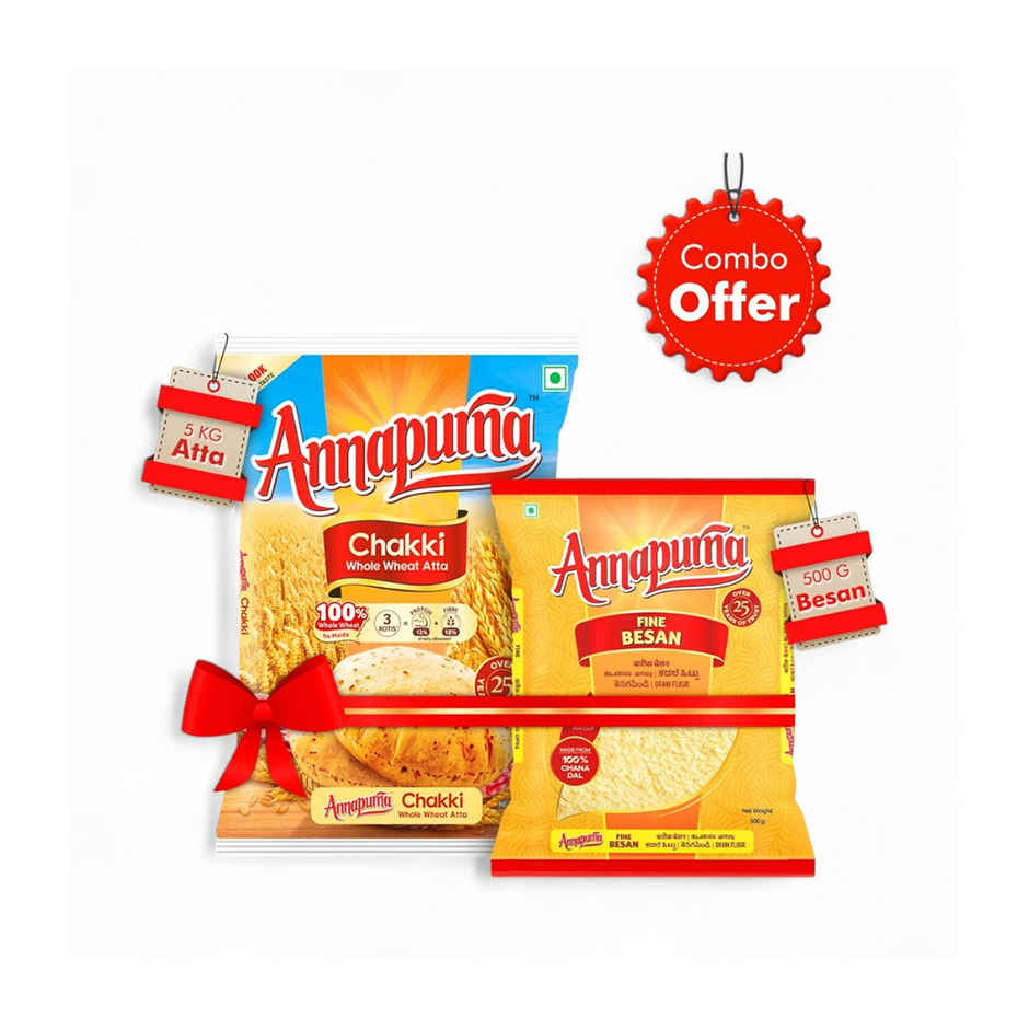 Annapurna Chakki Whole Wheat Atta(5kg) & Annapurna Fine Besan(500gms) Combo.