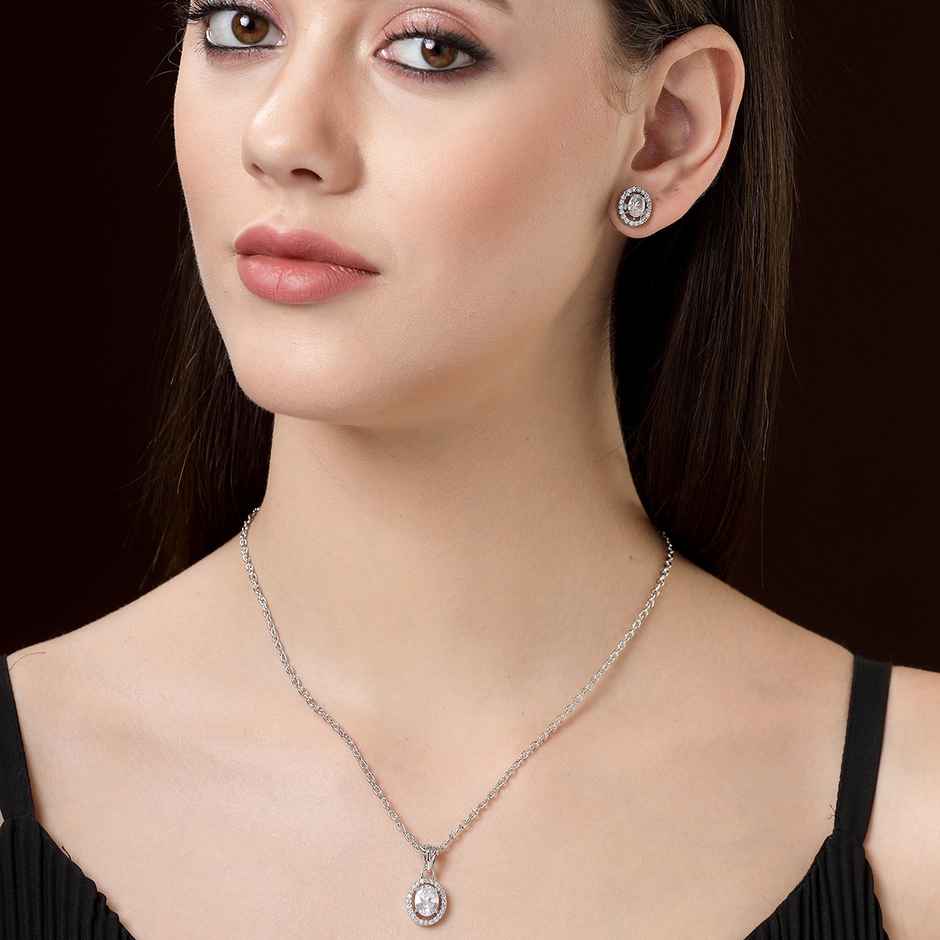 Zeneme Rhodium-Plated American Diamond-Studded Oval Necklace and Earrings For Women & Girls