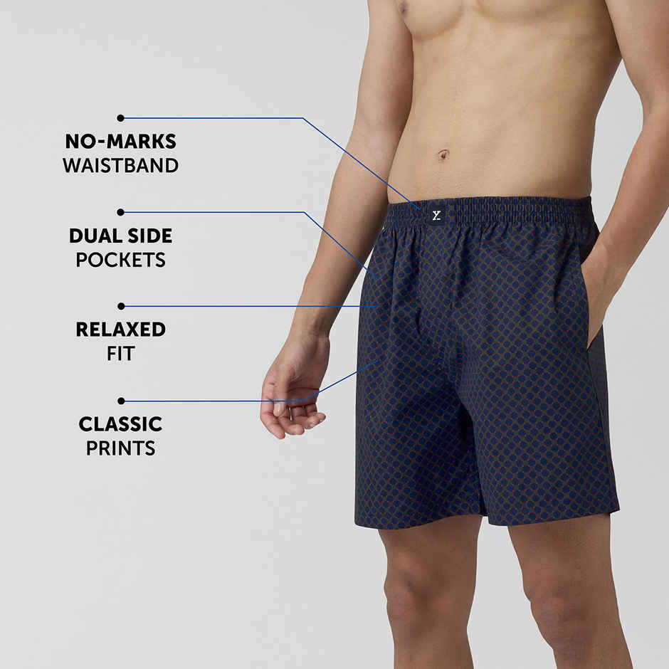 XYXX Men's Cotton Printed Boxer Shorts with Side Pockets, Blue Circle| XL