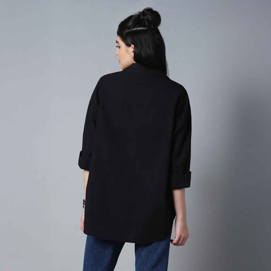 High Star Women's Oversized Spread Collar Long Sleeve Cotton Longline Casual Shirt | Black - XL