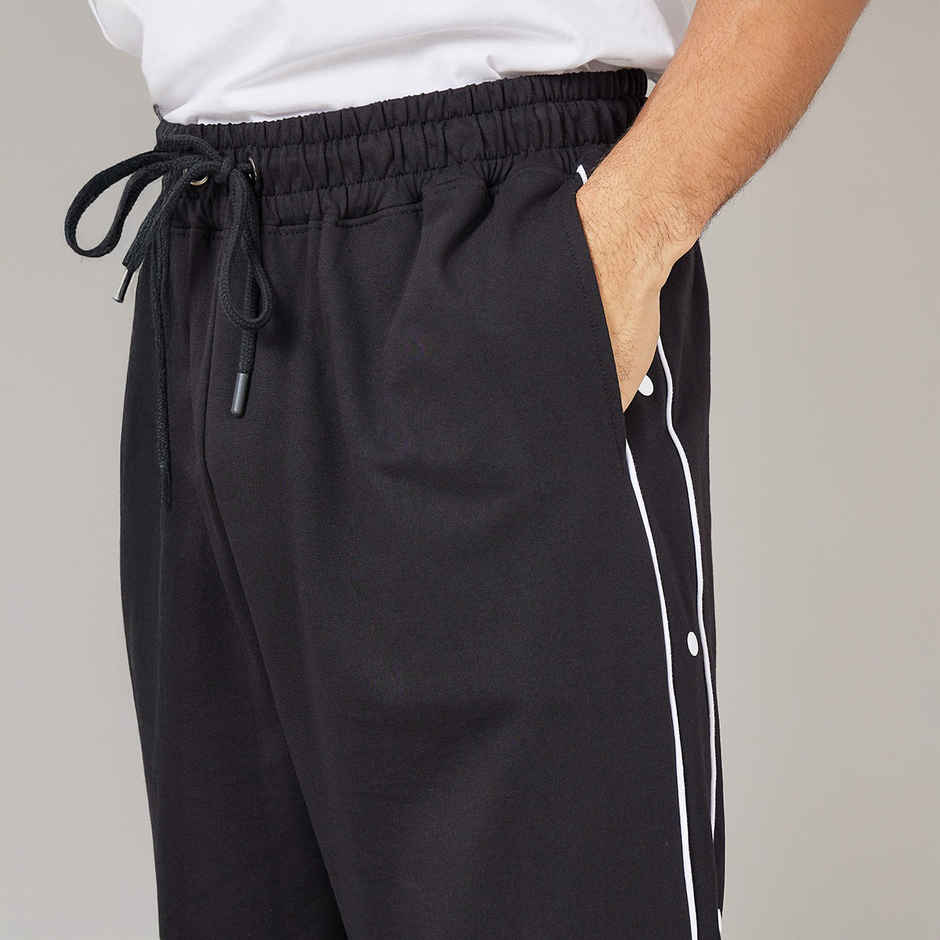 Styli Men's Open Hem Joggers with Contrast Piping and Popper | Black - L