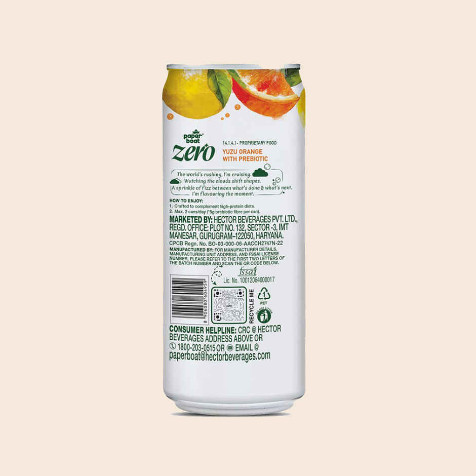 Paper Boat Zero Prebiotic Soda Yuzu Orange, 5g Fibre, Caffeinated Sugar Free Cold Drink