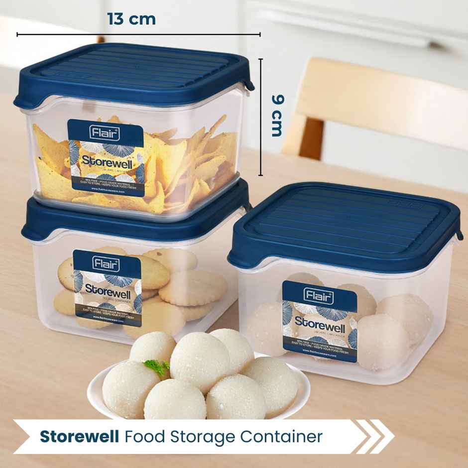 Flair Plastic Storewell Square Food Storage Containers 1150Ml - Set Of 3, (Blue), Food Grade