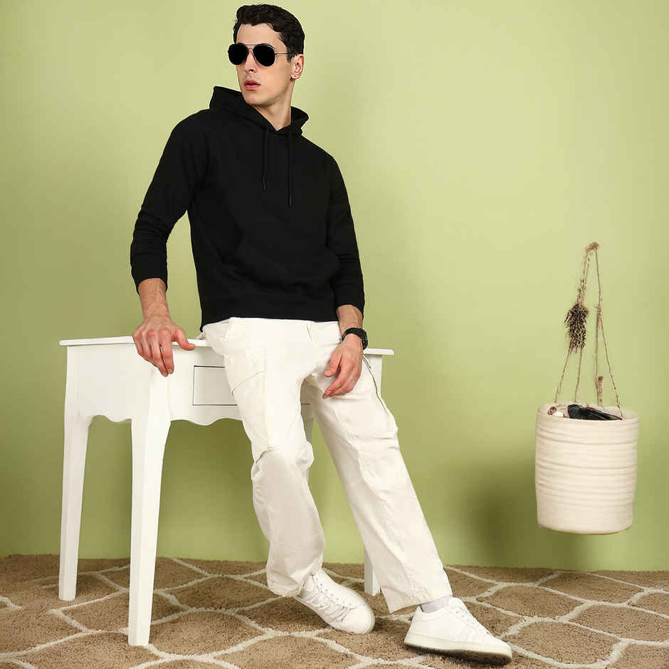 Alan Jones Clothing Men's Solid Hooded Sweatshirt | Regular Fit | Black - L