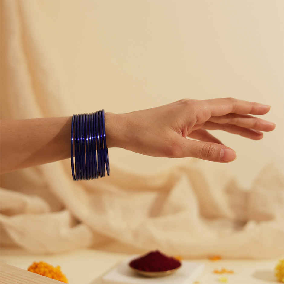 Vibrant Glass Bangles | Traditional Festival Jewellery | Blue | Pack Of 12 | Size 2.6 | Oye Happy