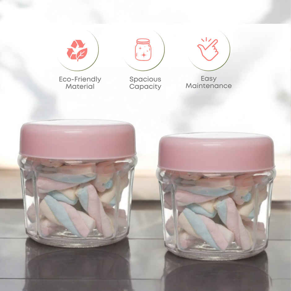 Yera Shell Glass Jar 2 Pc Set With Airtight Light Pink Plastic Lids 320 ml (Each)