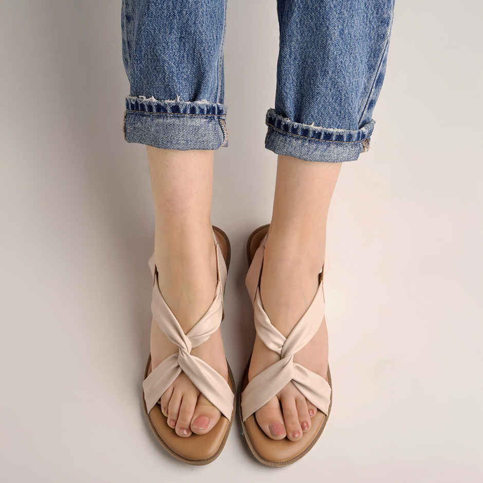 Shoetopia Cross Strap Cream Flat Sandals For Women | UK 8