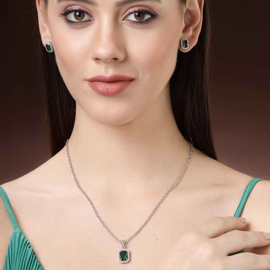 Zeneme Rhodium-Plated Green AD-CZ Luxe Sparkle Princess Cut Necklace Earrings For Women & Girls