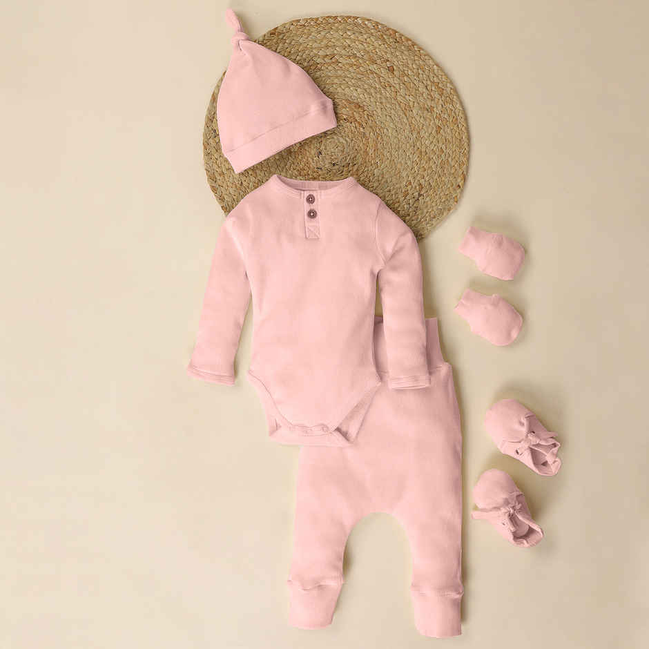 Moms Home Organic Cotton Baby Essentials Clothing Set |Gift Combo 0-3 Months | 5 Items | Pearl Pink