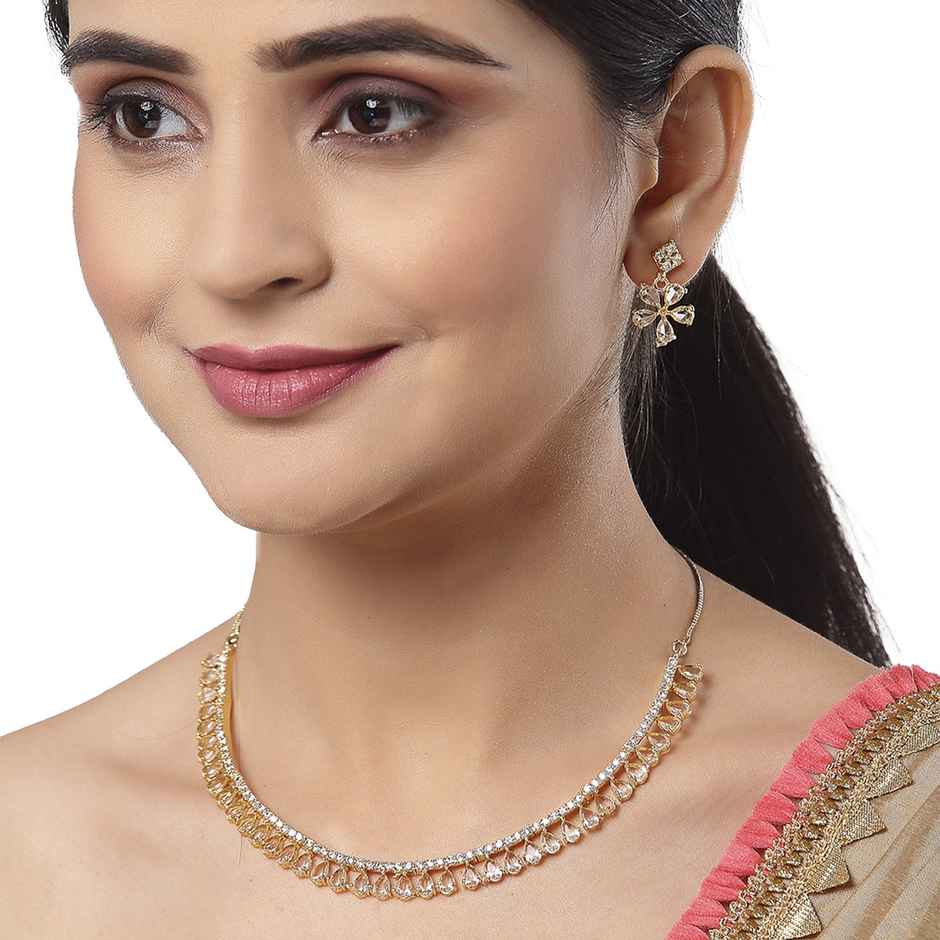 Zeneme Gold-Toned & Plated American Diamond Studded Jewellery Set For Women & Girls