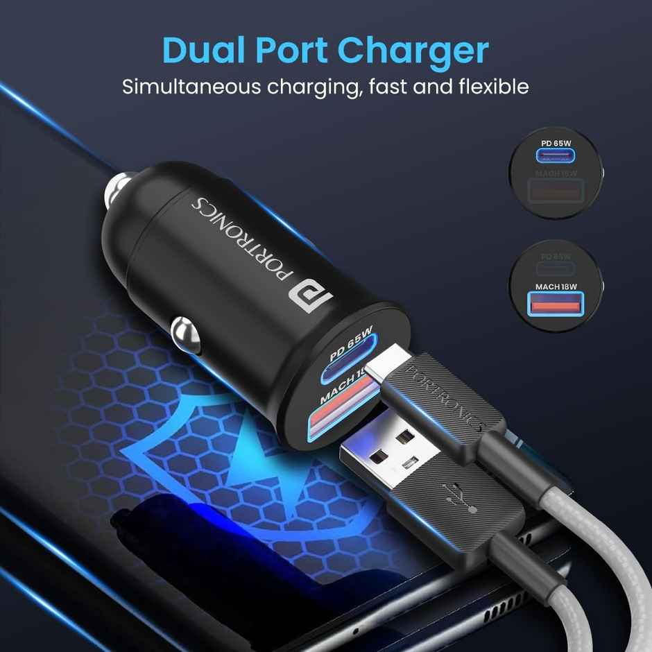 Portronics Car Power 65 Car Charger With 2M Type-C Pd Cable Dual Output