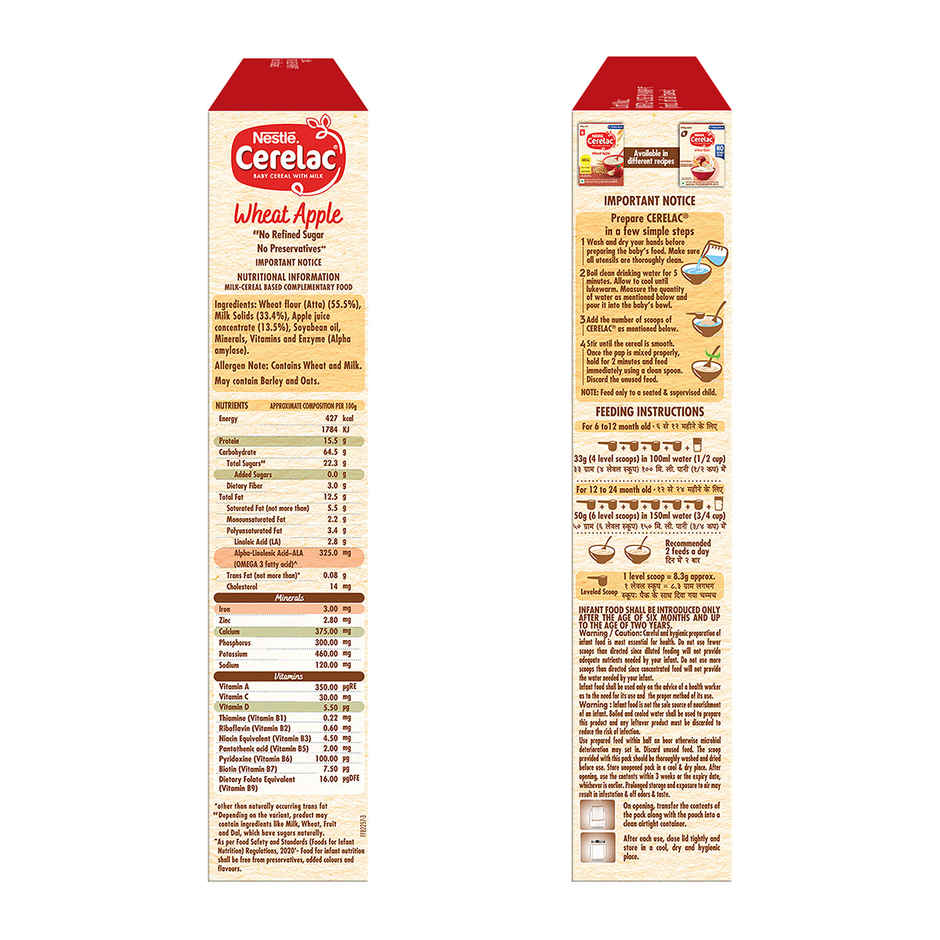 Nestle Cerelac Wheat Apple Baby Food Cereal, No Refined Sugar & No Preservatives, 6 to 24 Months