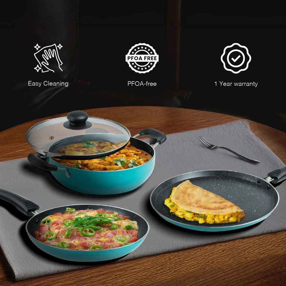 BAY6 NonStick Cookware Set (Dosa Tawa 26 cm + Fry Pan 24 cm + Kadai 22 cm with Glass Lid 3 mm) - Teal