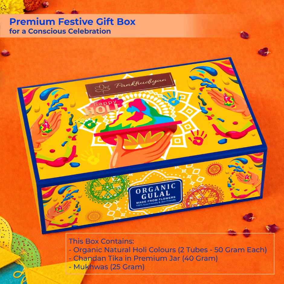 Organic Holi Colour Premium Gift Set with Chandan Tika & Mukhwas | Pankhudiyan