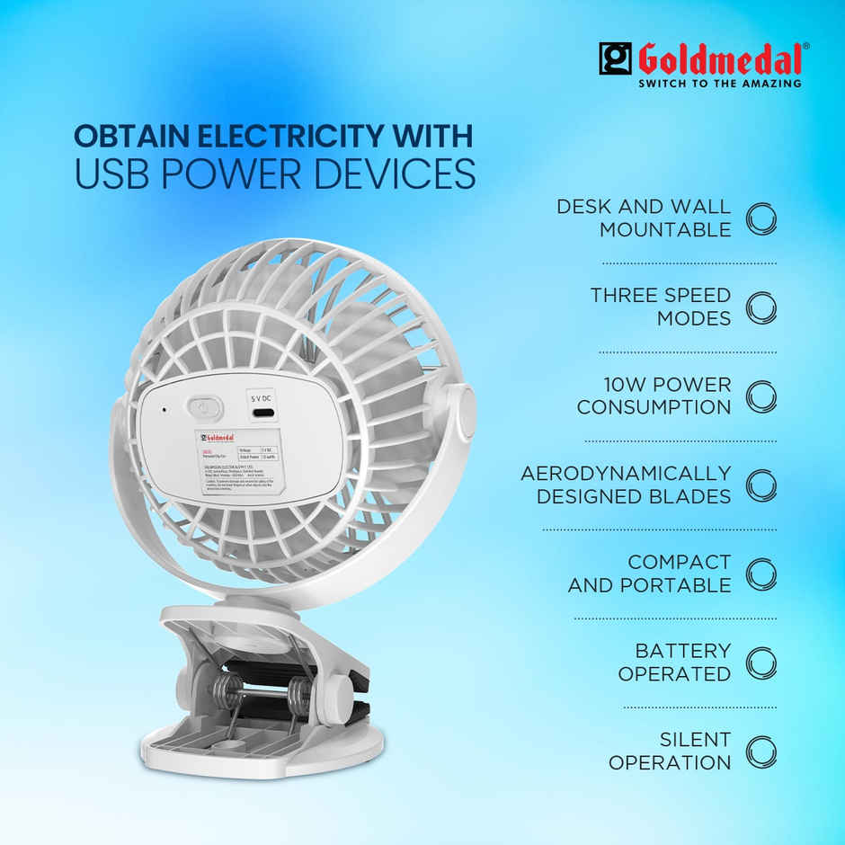 Goldmedal i-Fan 100mm Mini Portable Clip Fan | USB Charging | Desk Mountable & Multi-Clip Function | 3 Speed Modes (White)