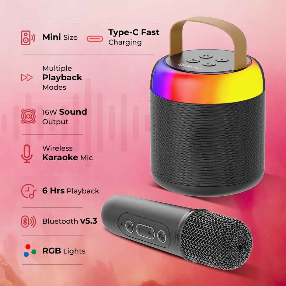 pTron Fusion Bliss 16W Bluetooth Speaker with Wireless Karaoke Mic, 6Hrs Playtime, Vibrant RGB Lights, Voice Effects, Multi-Play Modes BT5.3/TF Card & Type-C Charging Port - Black