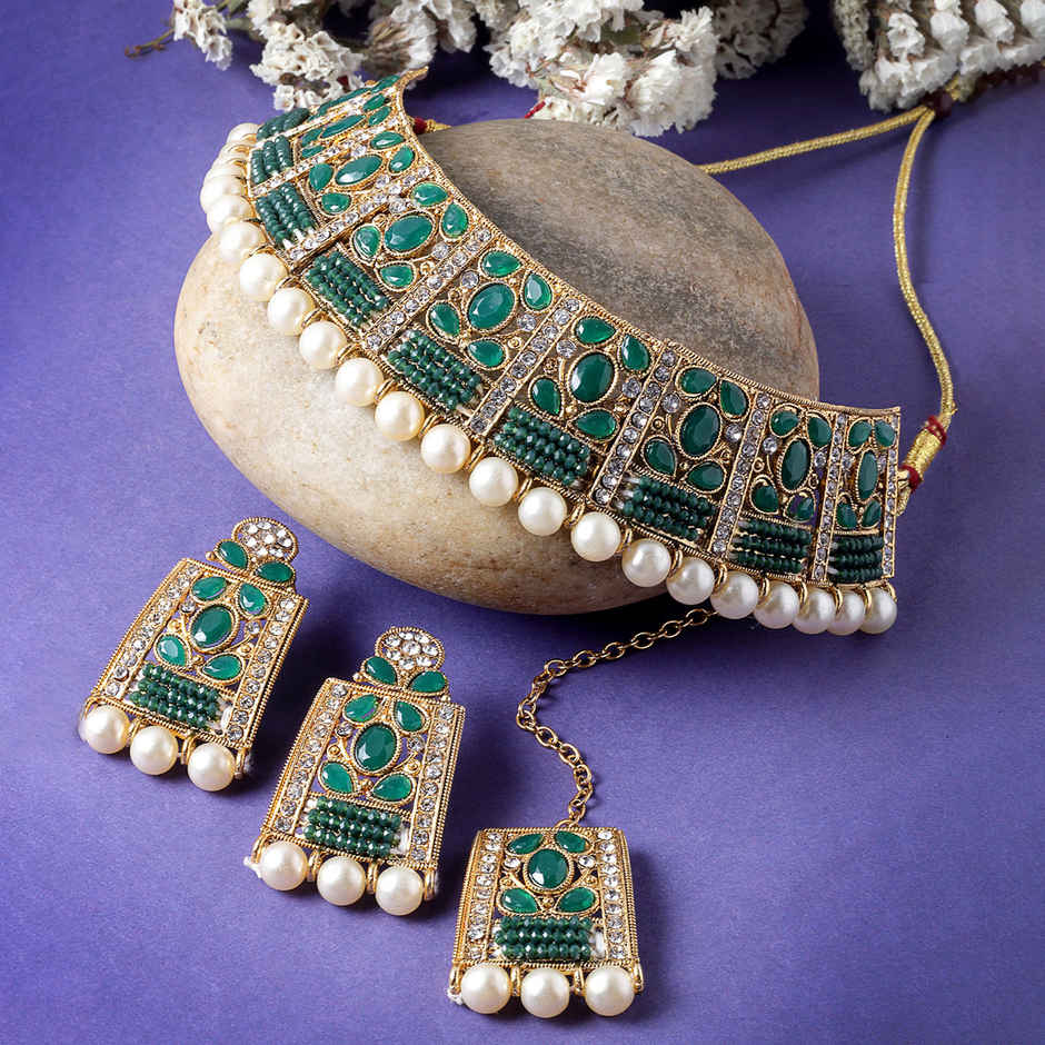 Sukkhi Striking Gold Plated Green Stone Studded Choker Necklace Set
