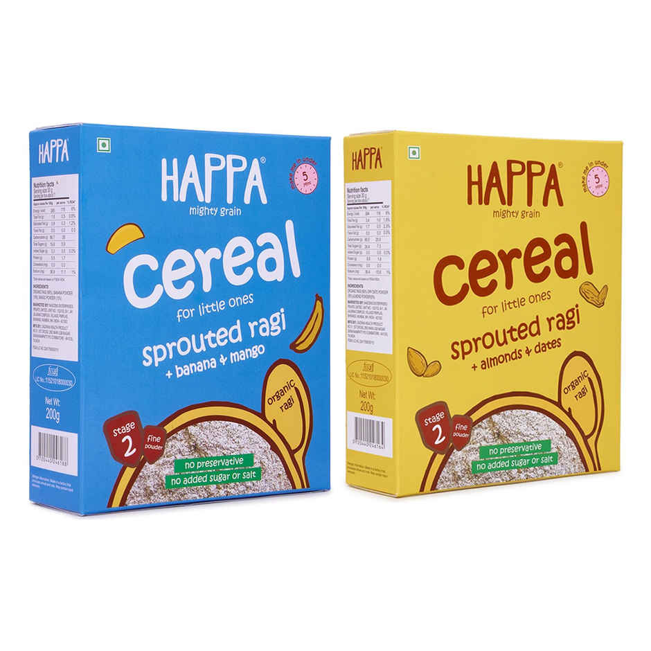 Happa Cereal Sprouted Ragi | Mango | Banana (200g) & Happa Cereal Sprouted Ragi | Almonds | Dates (200g) Combo