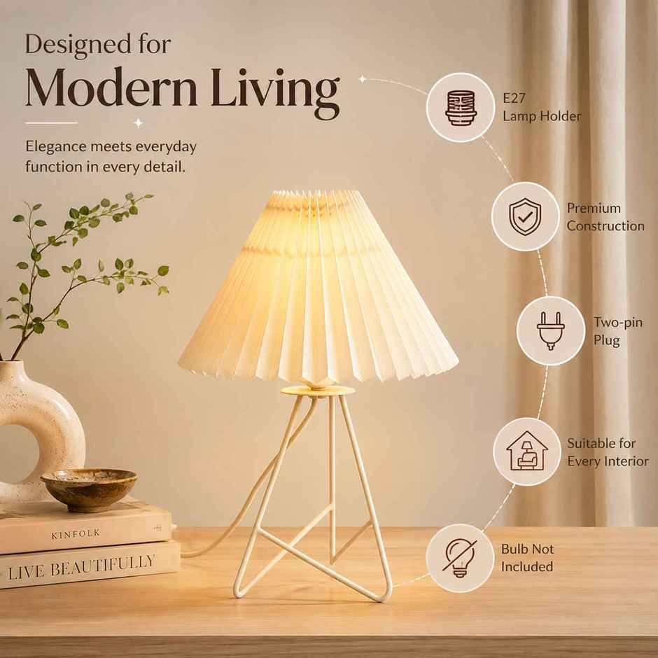 Homesake Retro Metal Table Lamp | Bedside Gift for Living Room & Home | Cream Pleated