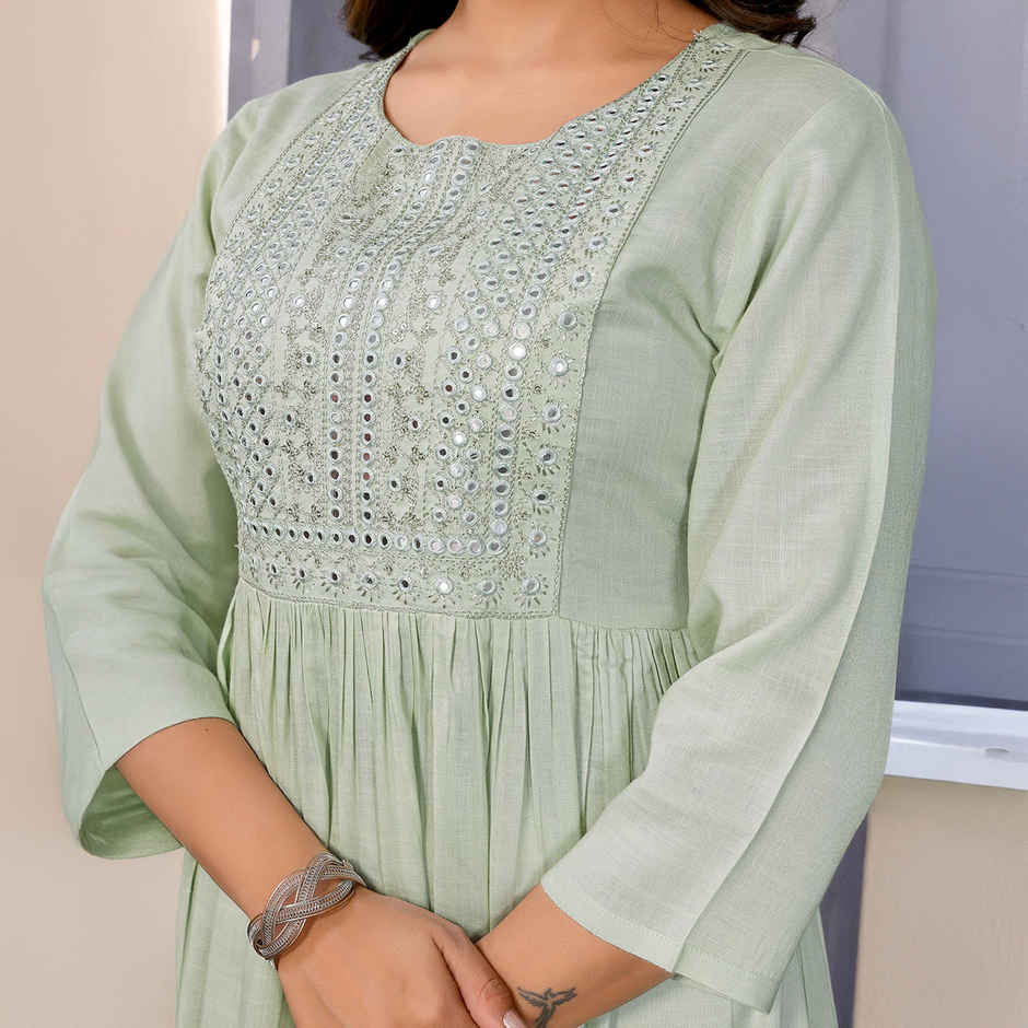 Rangita Women's Rayon Embroidered Flared Calf Length Kurta | Light Green - S