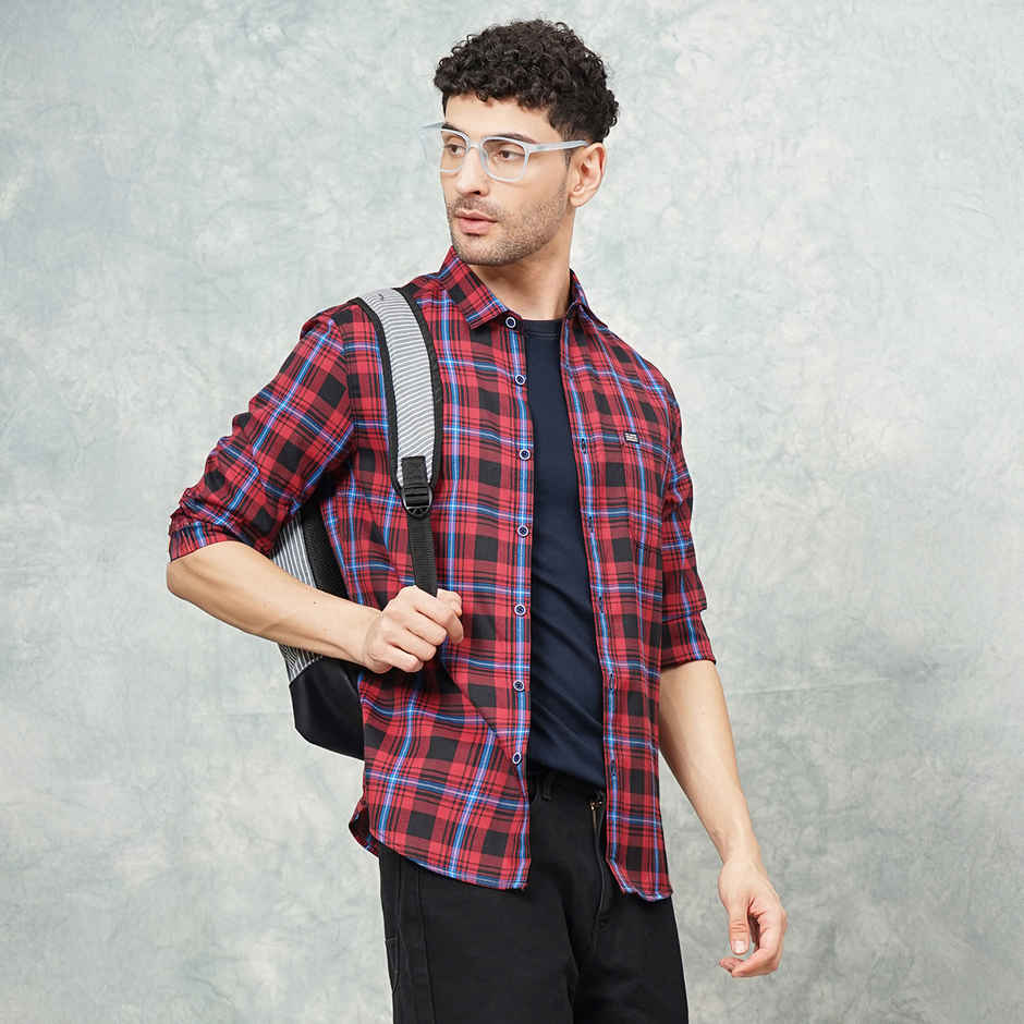 The Indian Garage Co Men's Regular Fit Checked Casual Shirt | Red - M