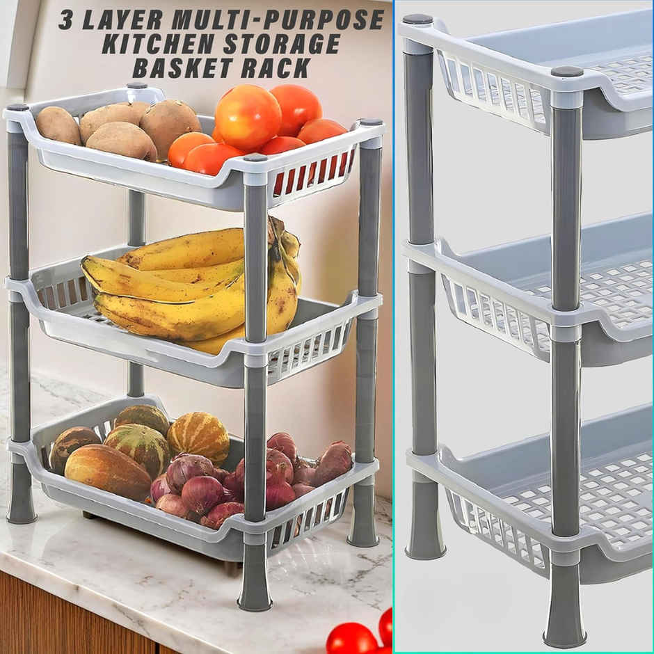 Zedak Plastic 3 Layer Multi-Purpose Kitchen Rack - Light Grey - 1 pc