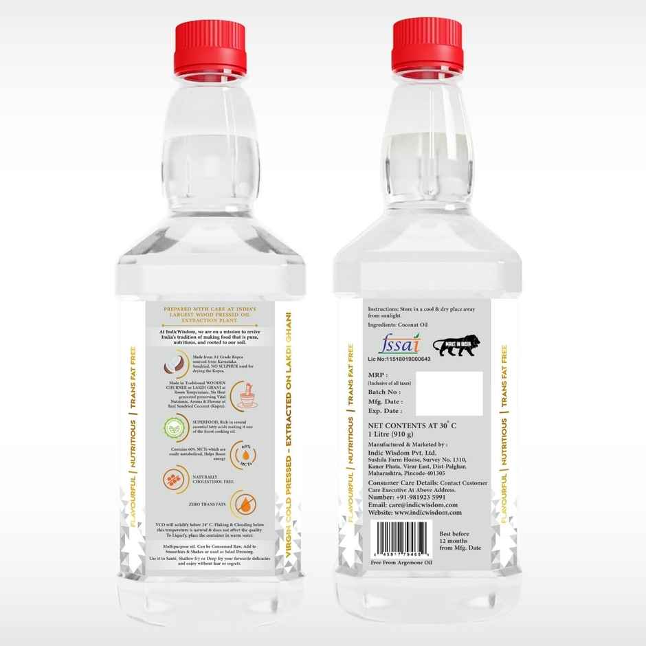 Indic Wisdom Virgin Coconut Wood Pressed Oil (Nariyal Oil) | Cold Pressed - Extracted On Wooden Churner
