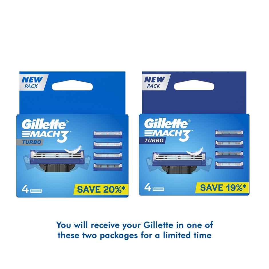 Gillette Mach3 Turbo 3-Bladed Cartridges with Comfort Gel Bar (Pack of 4)