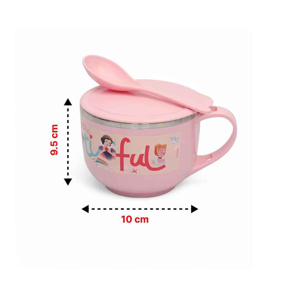 Jaypee Plus Stainless Steel Disney Princess Souptok Prime Soup & Noodles Bowl With Lid Spoon, Pink