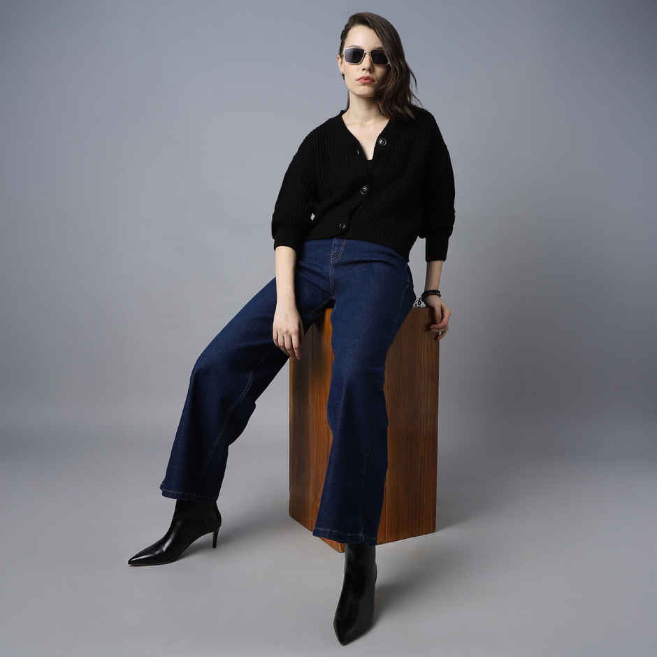 High Star Women's Ribbed Acrylic Cardigan | Black - XL