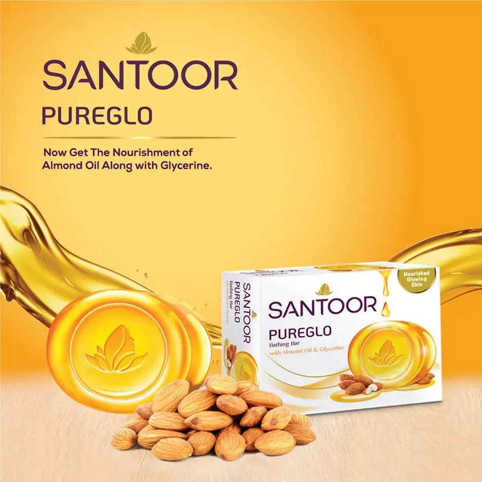 Santoor PureGlo Glycerine Bathing Bar Soap With Almond Oil for Nourished and Glowing Skin