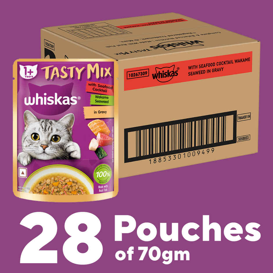 Whiskas Tasty Mix Adult Wet Cat Food, Seafood Cocktail Wakame Seaweed in Gravy