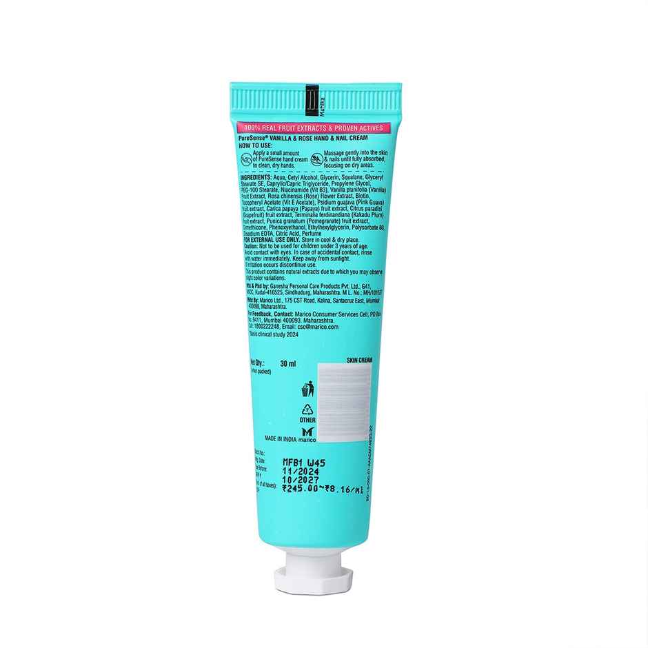 Puresense Vanilla & Rose Non-Sticky Hand And Nail Cream Infused With Biotin, Glycerin