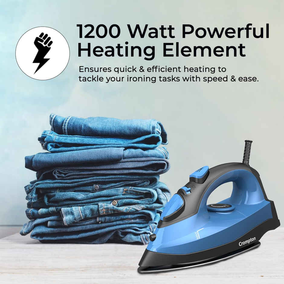 Crompton Fabrimagic Neo 1200W Steam Iron, 180ml Tank, 15g/min Steam, Non-Stick | Blue