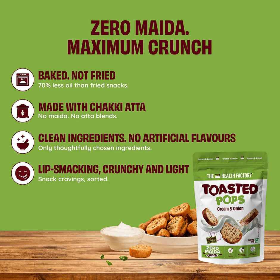 The Health Factory Toasted Pops Cream & Onion | Zero Maida | Baked Snack