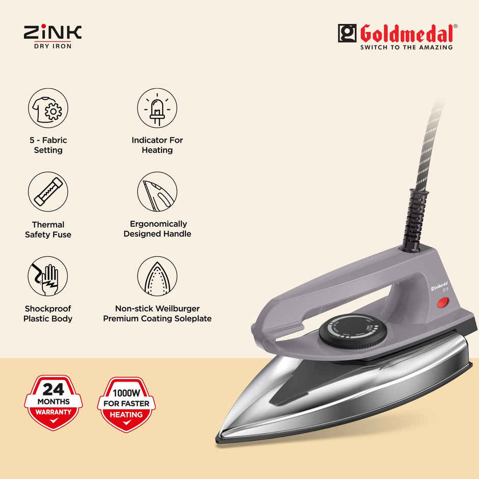 Goldmedal Zink 1000W Dry Iron, Non stick Weilburger Premium Coated Soleplate, Light Weight | Grey