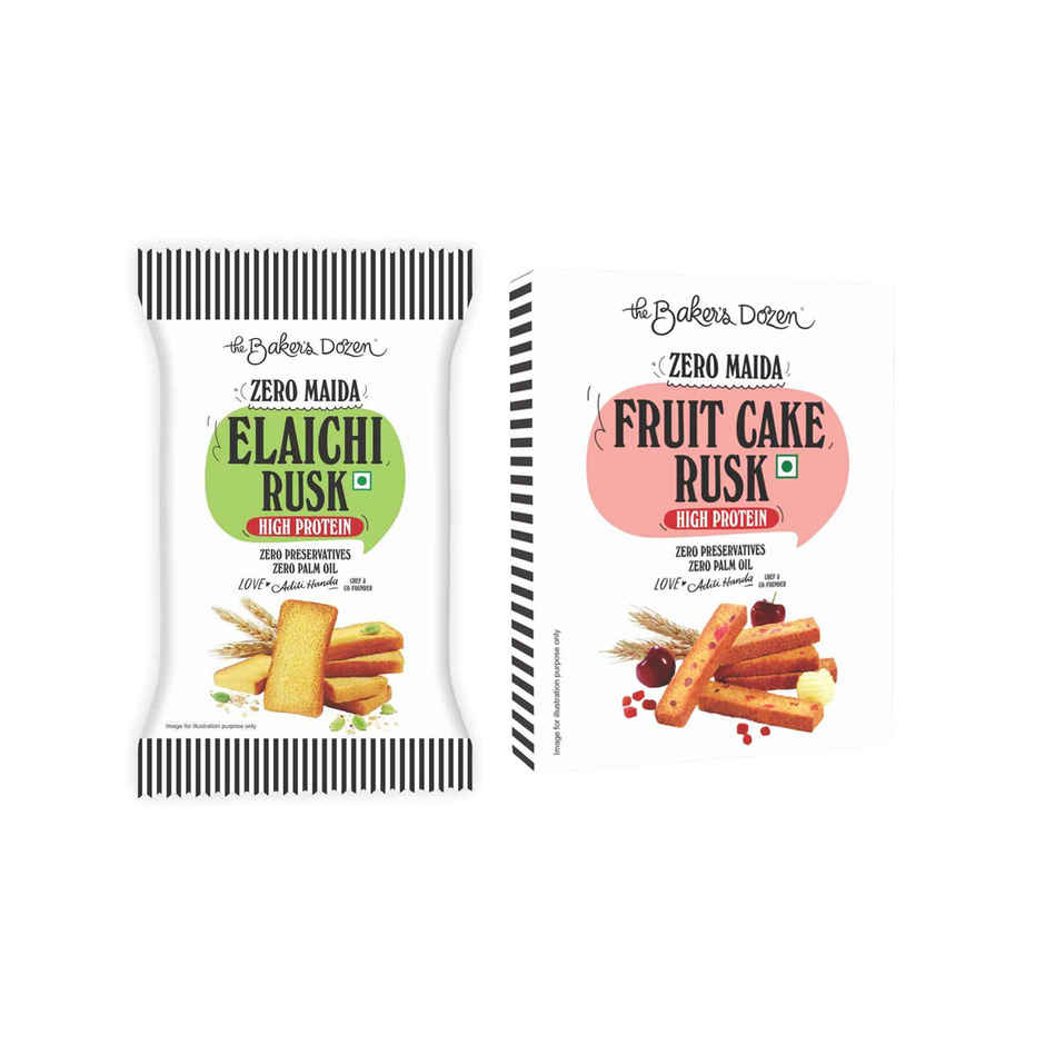 The Baker'S Dozen Zero Maida Elaichi Rusk (80g) & The Baker'S Dozen Zero Maida Fruit Cake Rusk - High Protein (100g) Combo