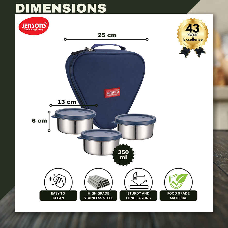 Jensons Stainless Steel Easy Trio Meal Lunch Box Dabbi 350ml x 3