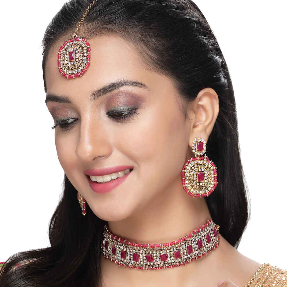 Sukkhi Inspiring Gold Plated Rani Pink Kundan & Beads Studded Collar Necklace Set