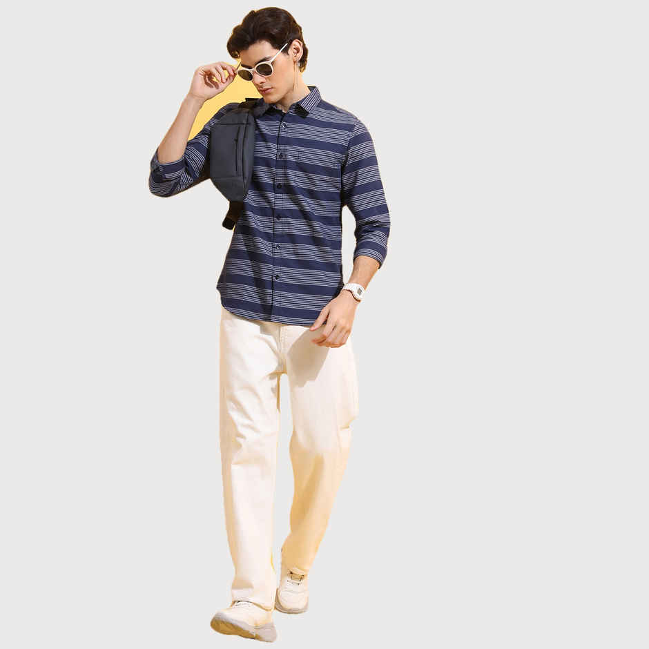 Ketch Men Slim Fit Striped Spread Collar Casual Shirt | Blue | L