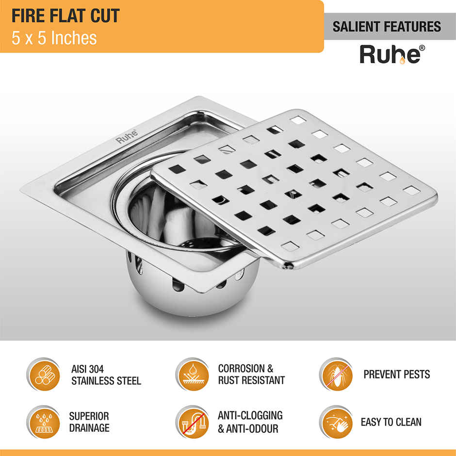 Ruhe Fire Square 304-Grade Floor Drain with Cockroach Trap (5 x 5 Inches)