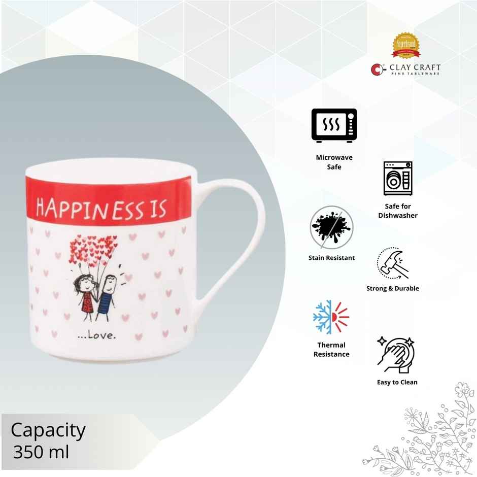 Clay Craft Fine Ceramic Happiness Love Milk/Coffee Mug 1 Piece - 350 ml