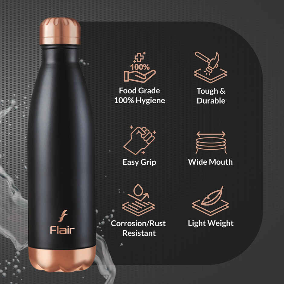 Flair Spark Vacuum Insulated Steel Water Bottle (500 Ml, Black)