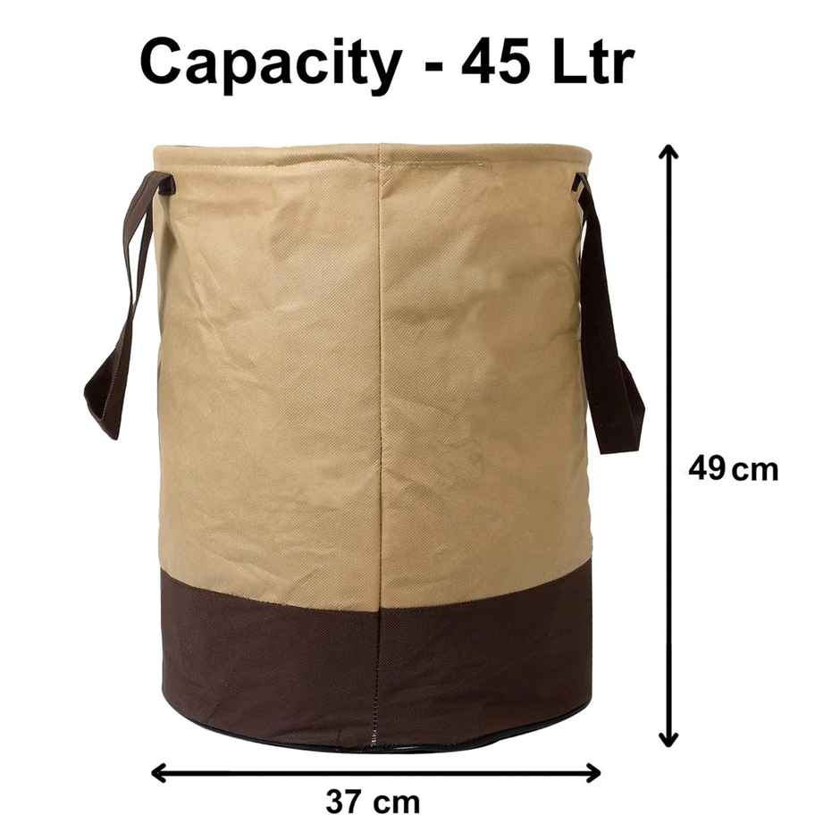 Kuber Industries Foldable Bin & 45 Liter Waterproof Round Non Wovan Laundry Bag (Beige & Brown)
