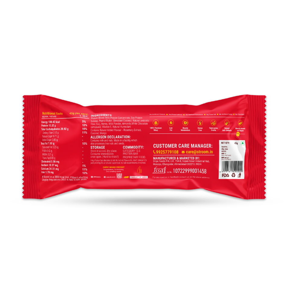 Stroom Berry White Chocolate 10G Protein Bar (45g) & Stroom Exotic Mango Coconut Protein Bars (45g) Combo